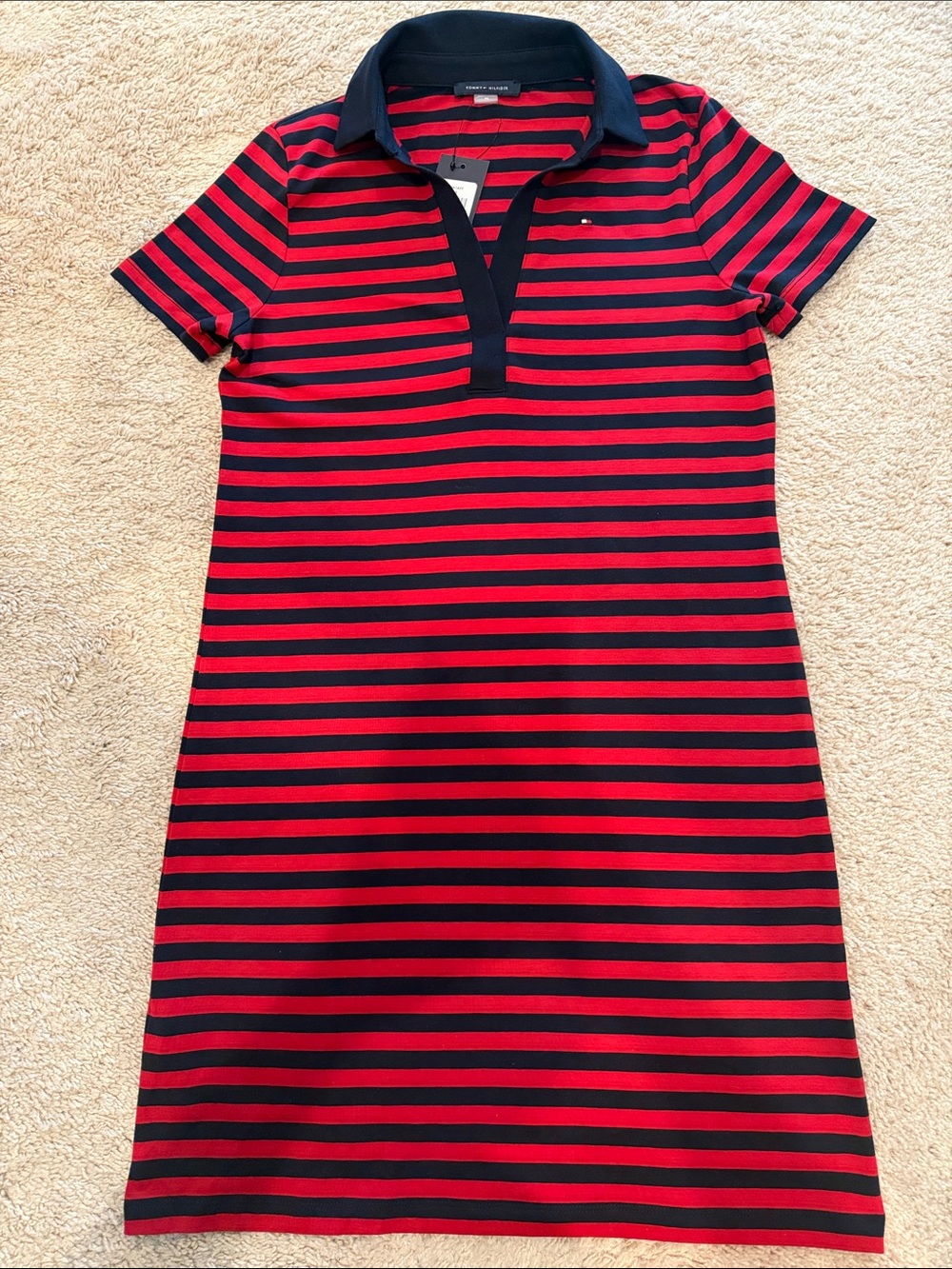 Tommy Hilfiger Red and Navy Striped Polo Mini Dress - Petite Small